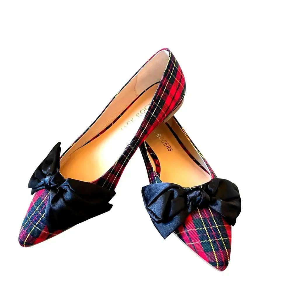 Jack Rogers Debra Bow Ballet Flats Red Plaid Pointed Toe Women's US 8 NEW